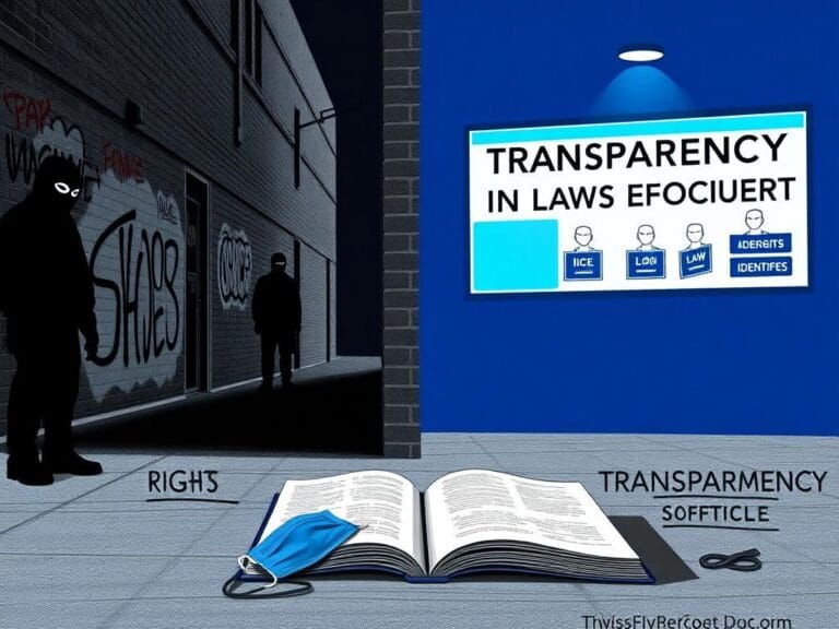 Flick International A divided scene contrasting masked ICE agents in a dark alley and a bright area promoting transparency in law enforcement