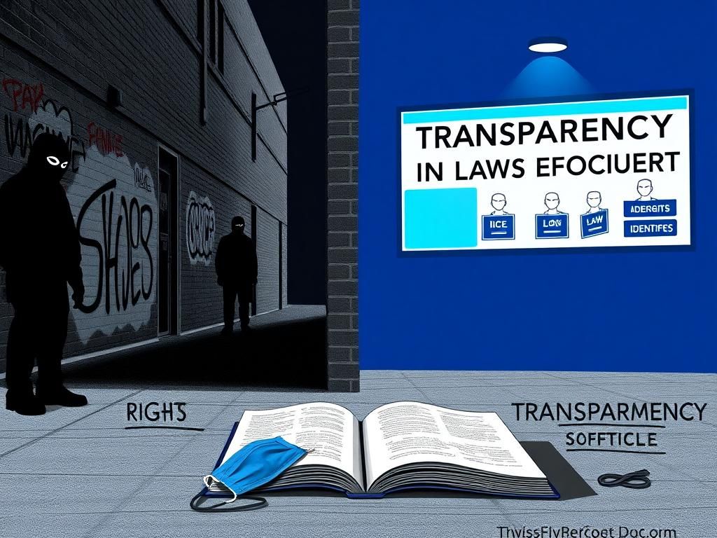 Flick International A divided scene contrasting masked ICE agents in a dark alley and a bright area promoting transparency in law enforcement