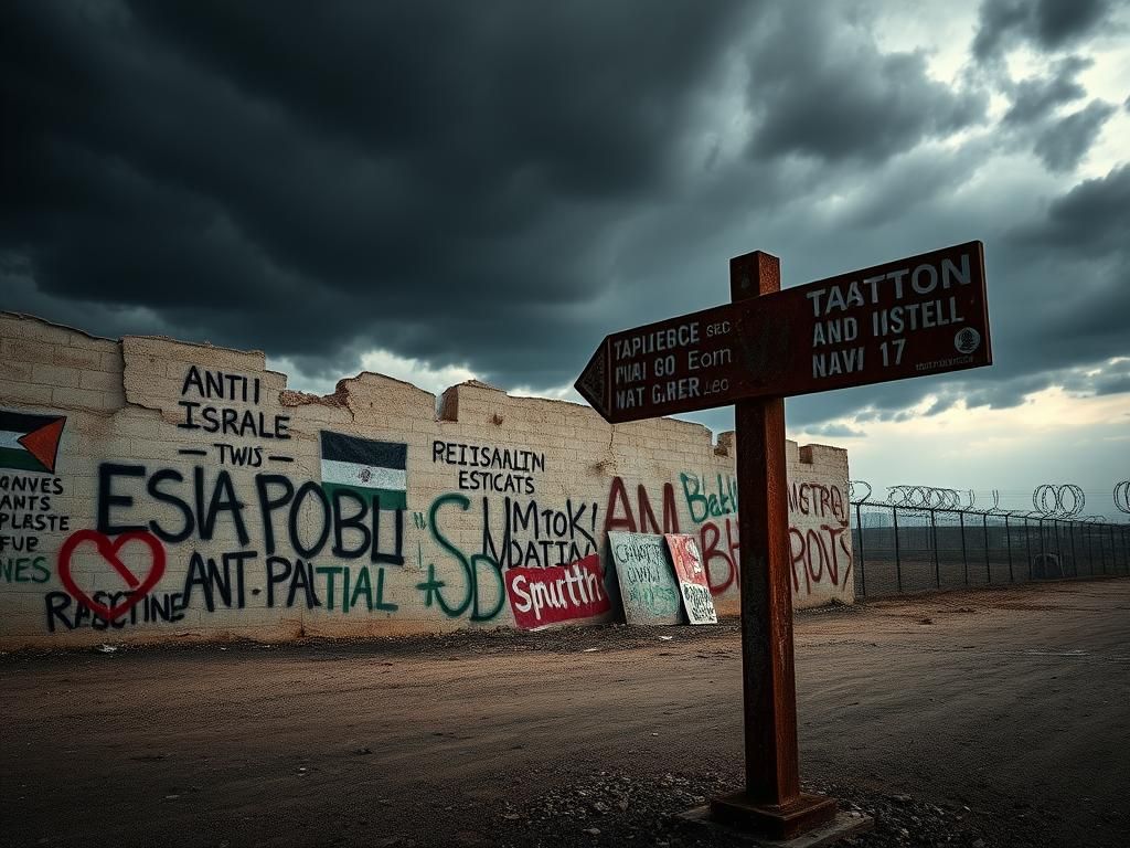 Flick International Somber urban landscape with anti-Israel graffiti and rusted signpost representing global dissent