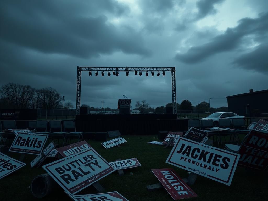 Flick International Vacant campaign rally stage in Butler, Pennsylvania, under a gray sky with unlit podium and scattered campaign signs