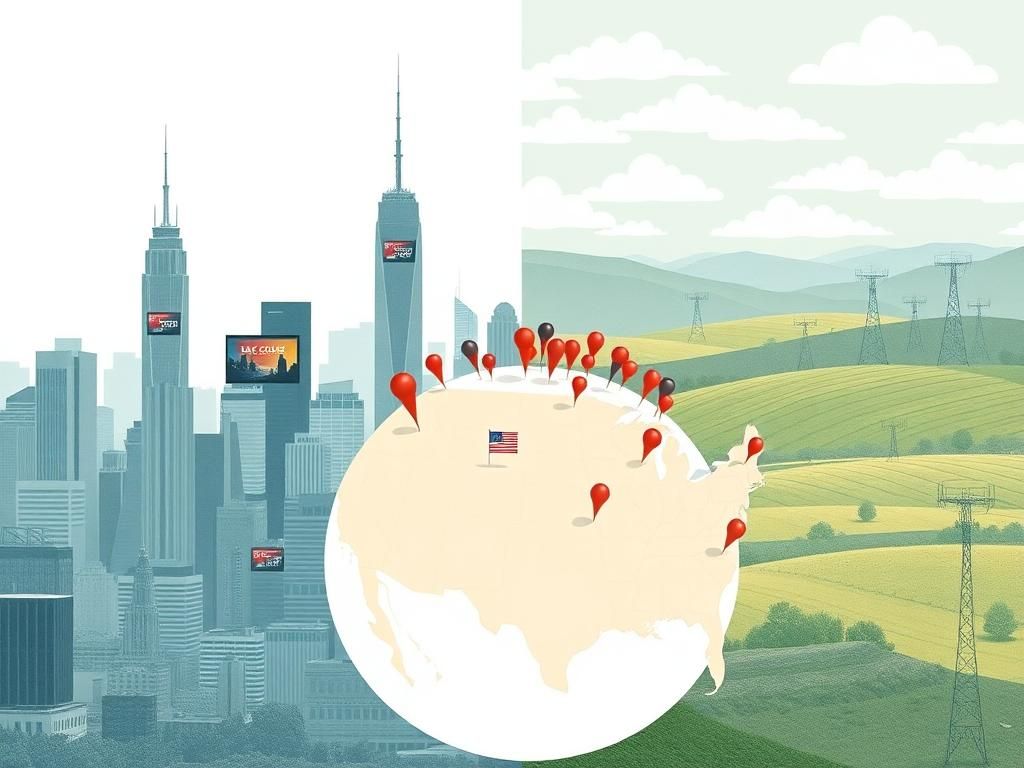 Flick International A split scene illustrating contrasting landscapes of the East and West coasts of the United States, showcasing a bustling cityscape and serene rural hills.