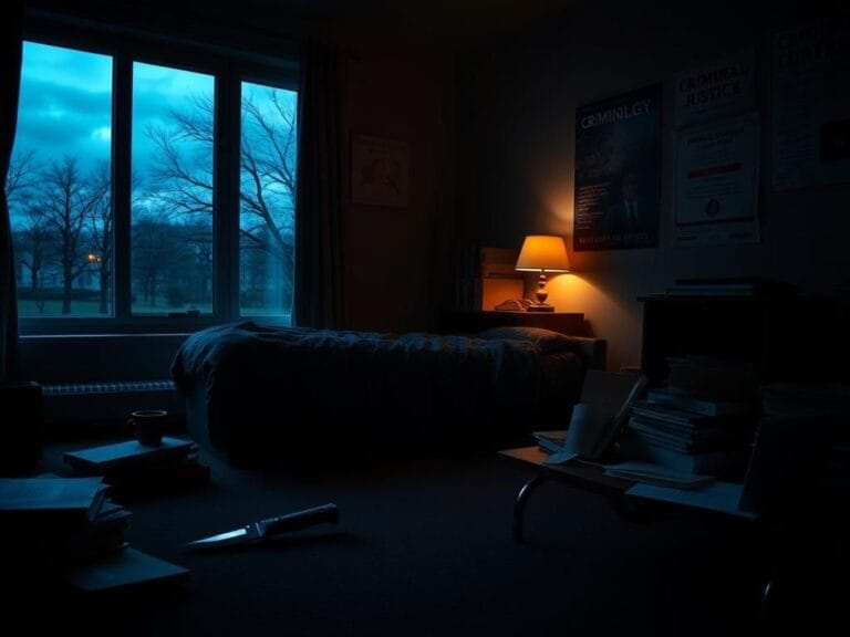 Flick International A dimly lit college dorm room with a knife sheath on the floor
