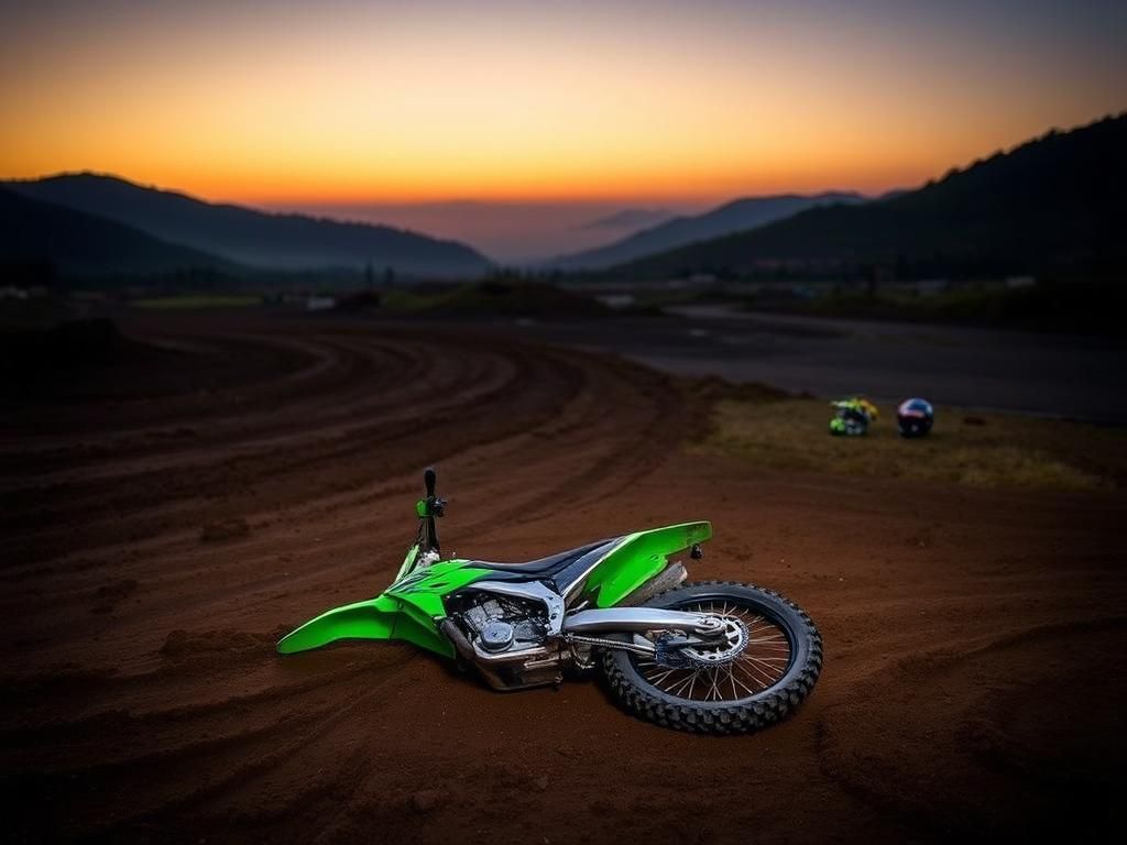 Flick International Empty motocross racetrack at dusk with a fallen motocross bike and a memorial.