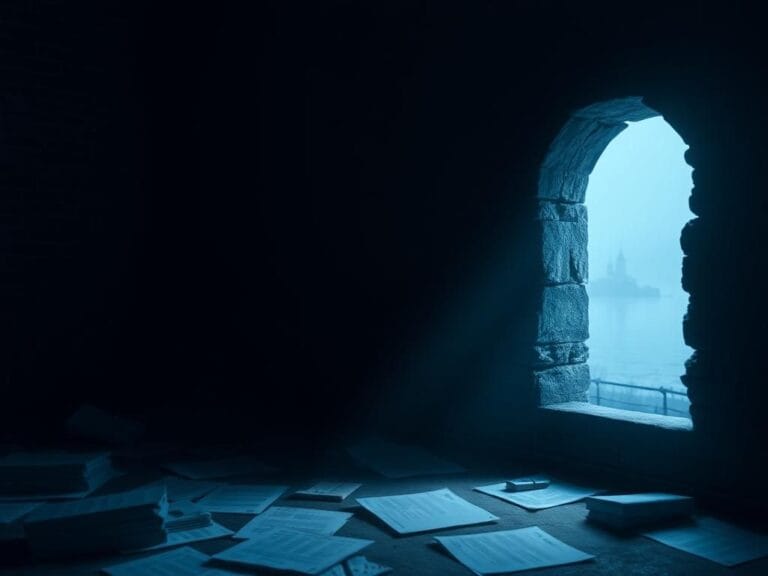 Flick International A dimly lit scene featuring a crumbling brick wall and shadowy documents, symbolizing government secrecy and the urgent quest for transparency.