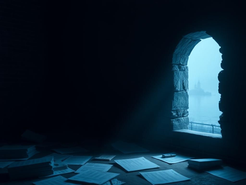 Flick International A dimly lit scene featuring a crumbling brick wall and shadowy documents, symbolizing government secrecy and the urgent quest for transparency.