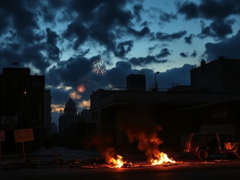 Flick International Silhouetted government buildings at dusk with graffiti on an ICE office