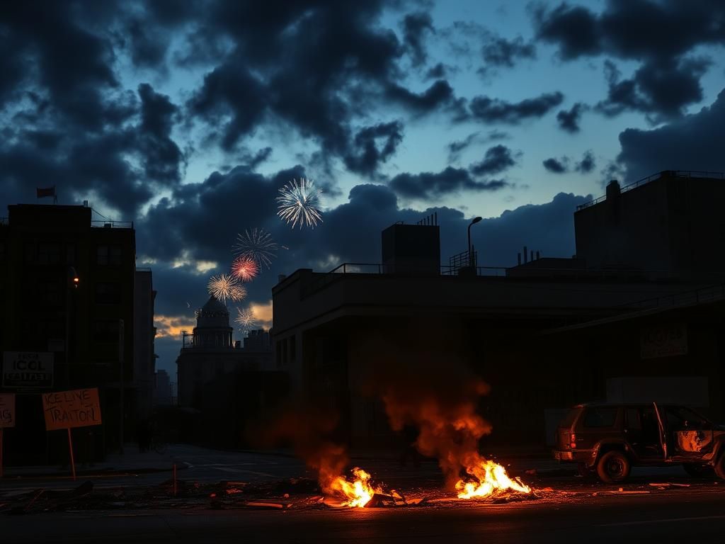 Flick International Silhouetted government buildings at dusk with graffiti on an ICE office