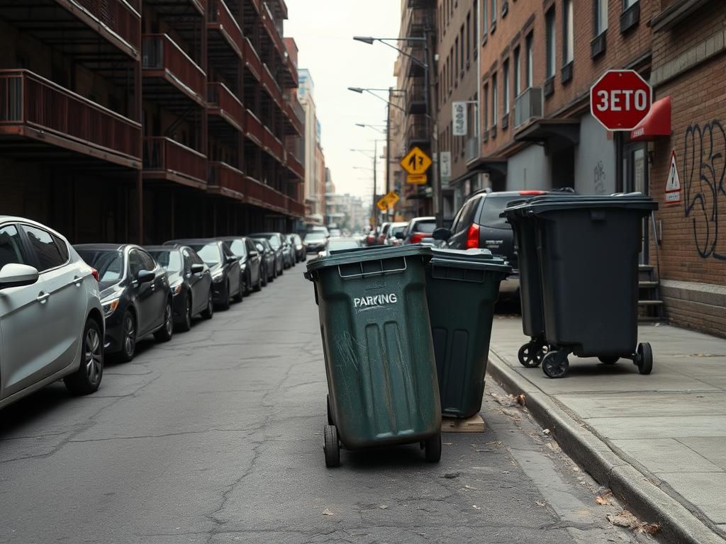 Flick International Gritty urban street in Ridgewood, Queens, with parked cars and trash cans blocking a parking space