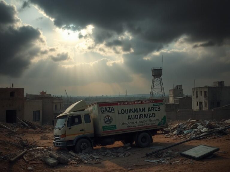 Flick International A war-torn landscape in Rafah, Gaza, with damaged buildings and abandoned humanitarian aid truck amid debris