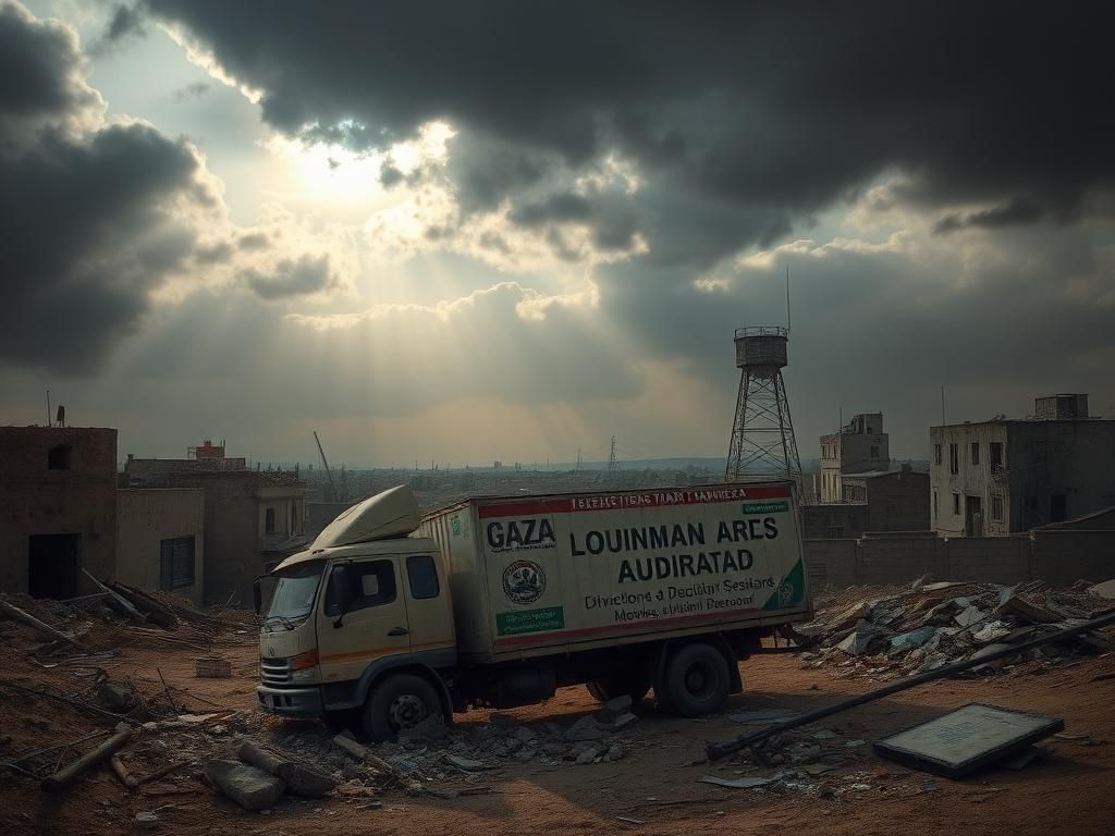 Flick International A war-torn landscape in Rafah, Gaza, with damaged buildings and abandoned humanitarian aid truck amid debris