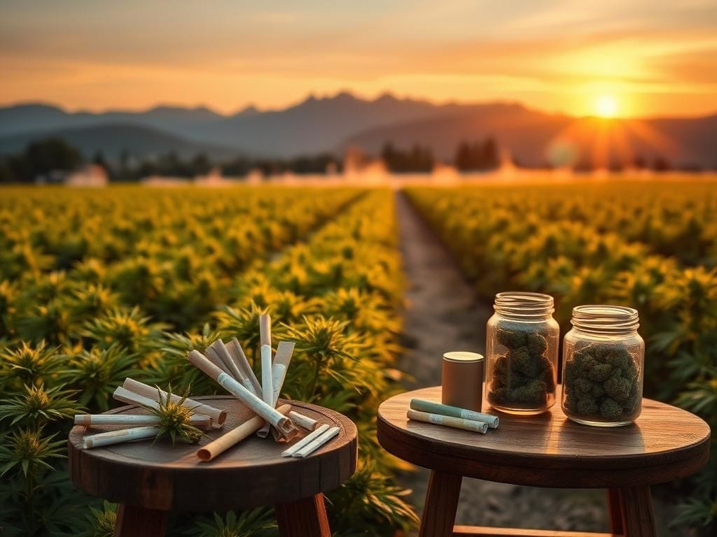 Flick International A serene cannabis farm with vibrant marijuana plants and a rustic table of cannabis products