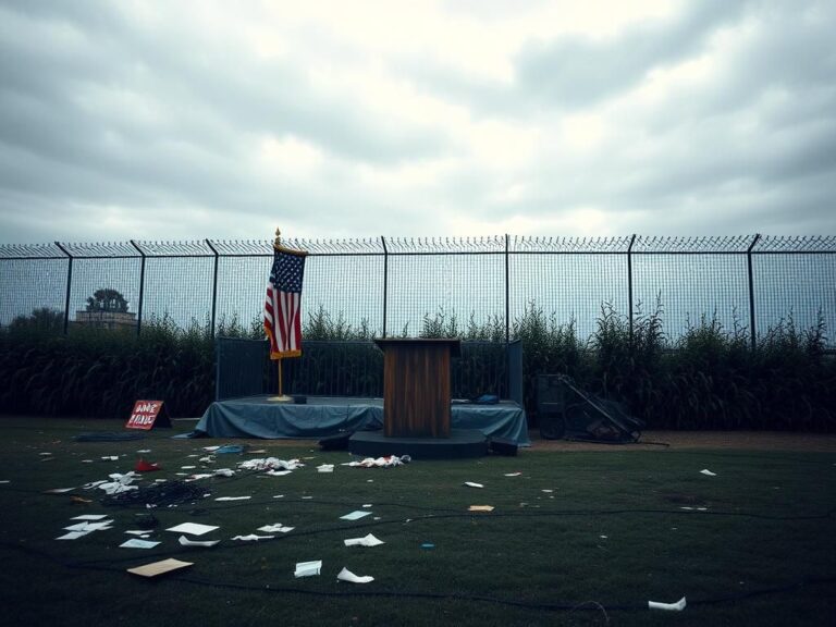 Flick International Dilapidated rally stage symbolizing political unrest aftermath