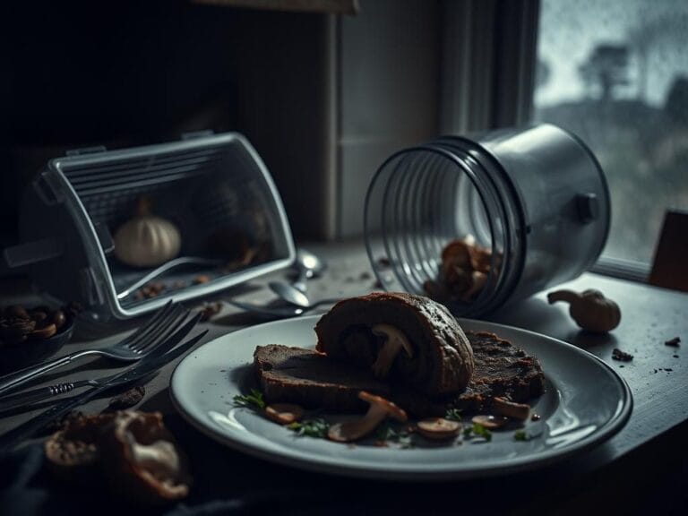Flick International Dimly lit kitchen countertop with remnants of a fatal meal, featuring cut beef Wellington and dangerous green death cap mushrooms