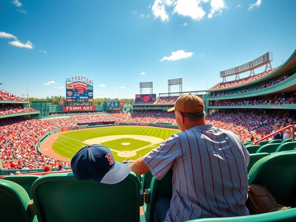 Flick International A vibrant scene of Fenway Park during a Boston Red Sox game with empty seats showcasing baseball gear.