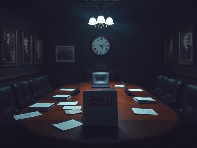 Flick International Dimly lit conference room with a large oval wooden table, symbolizing tension in a discussion about the Epstein memo.