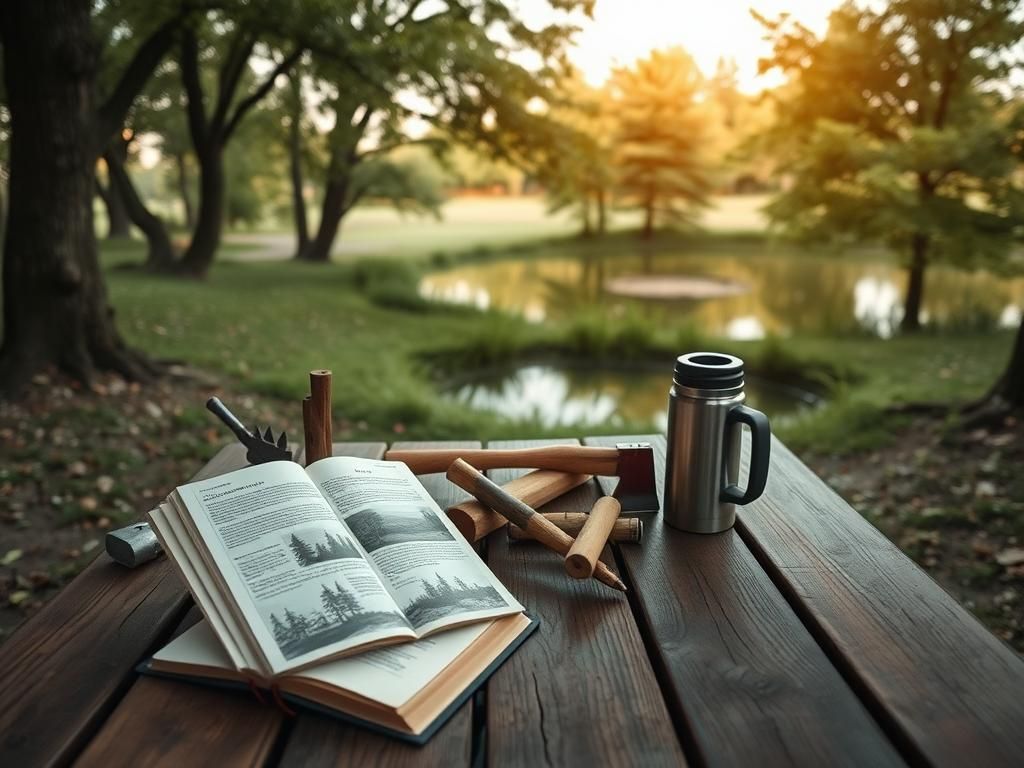 Flick International A rustic park scene with a wooden picnic table and a serene pond reflecting nature's beauty