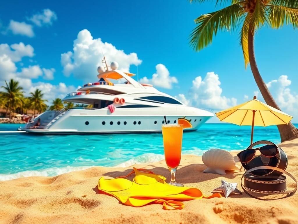Flick International A luxury yacht anchored in clear blue waters with a sun deck featuring colorful beach towels and stylish sunglasses.