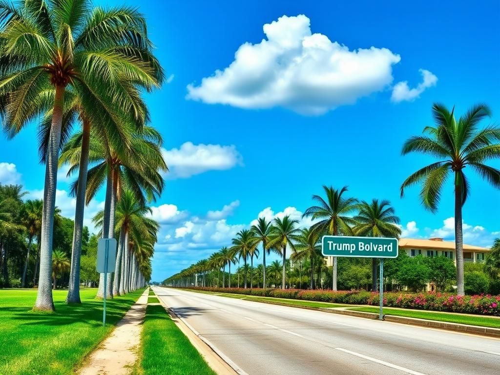 Flick International Scenic view of Southern Boulevard leading to Mar-a-Lago with palm trees and street sign