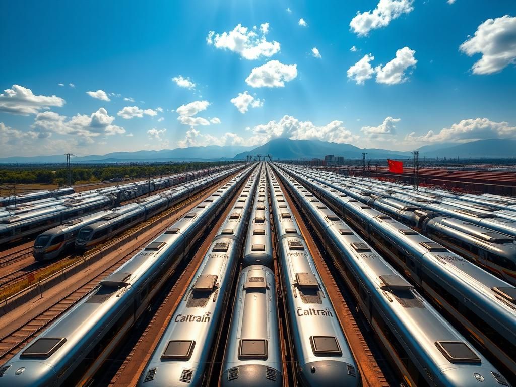Flick International Aerial view of a railway yard in Lima, Peru with modern CalTrain locomotives under a clear blue sky.
