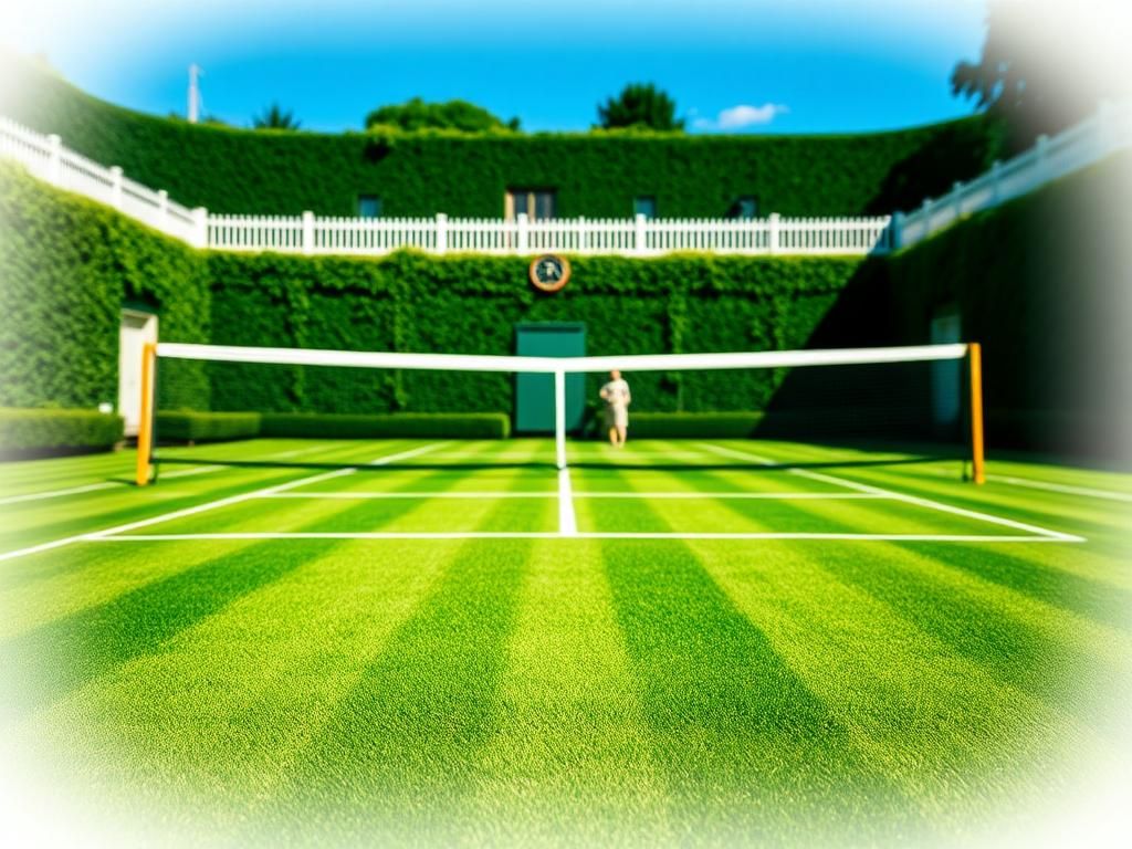 Flick International Empty Wimbledon grass court with a tennis net, symbolizing the recent final match