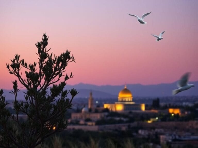 Flick International Panoramic view of Jerusalem at dusk with the Dome of the Rock and an olive tree symbolizing peace