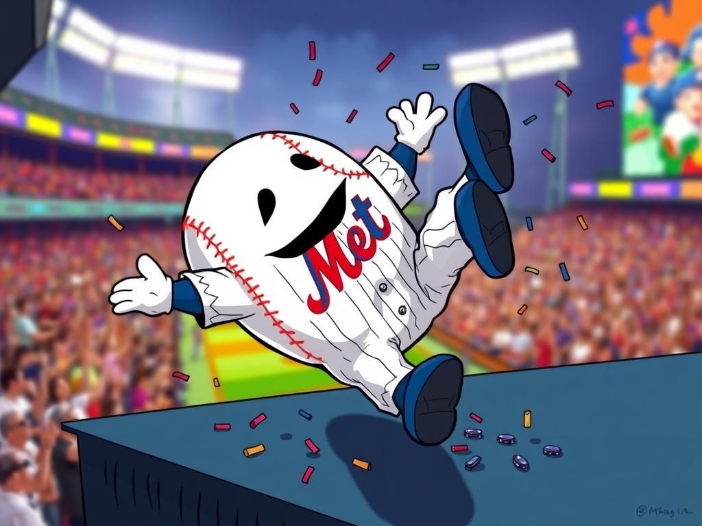 Flick International Mr. Met, the New York Mets mascot, falling off stage during The Lumineers concert at Citi Field