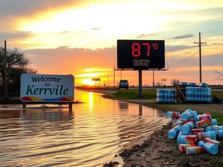 Flick International Aftermath of Kerrville flood with community sign and debris