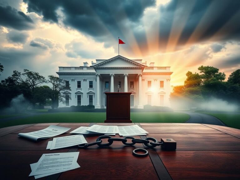 Flick International A dramatic scene featuring an empty presidential podium in front of the White House under a moody sky.