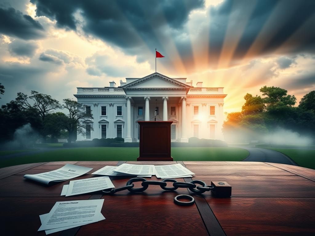 Flick International A dramatic scene featuring an empty presidential podium in front of the White House under a moody sky.