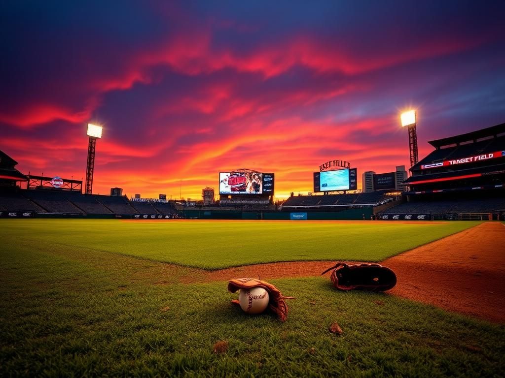 Flick International A dramatic sunset at Target Field with an empty baseball diamond and abandoned equipment highlighting the tension after Carlos Correa's injury.