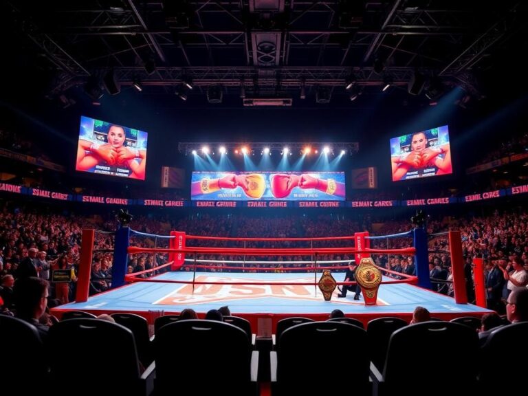 Flick International Dramatic boxing scene at Madison Square Garden with an energized atmosphere and colorful banners