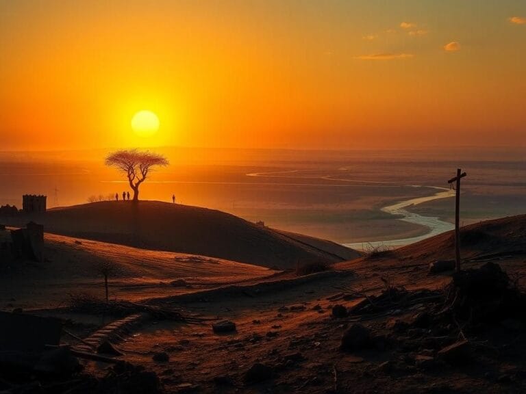 Flick International A dramatic landscape of Sudan showcasing war-torn terrain contrasted with a resilient tree symbolizing hope amidst conflict.