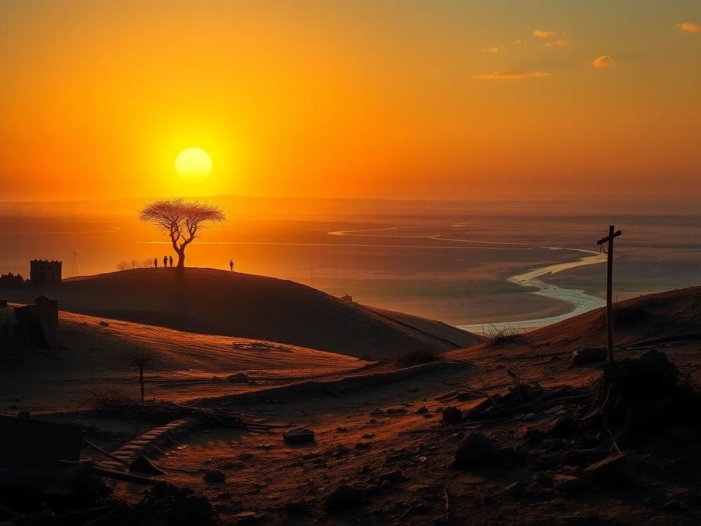 Flick International A dramatic landscape of Sudan showcasing war-torn terrain contrasted with a resilient tree symbolizing hope amidst conflict.