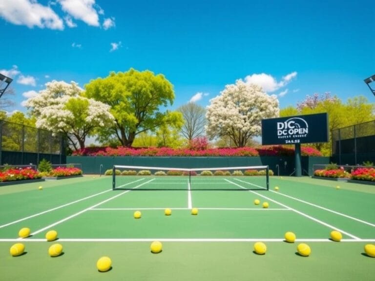 Flick International Vibrant tennis court under a clear blue sky with blooming trees