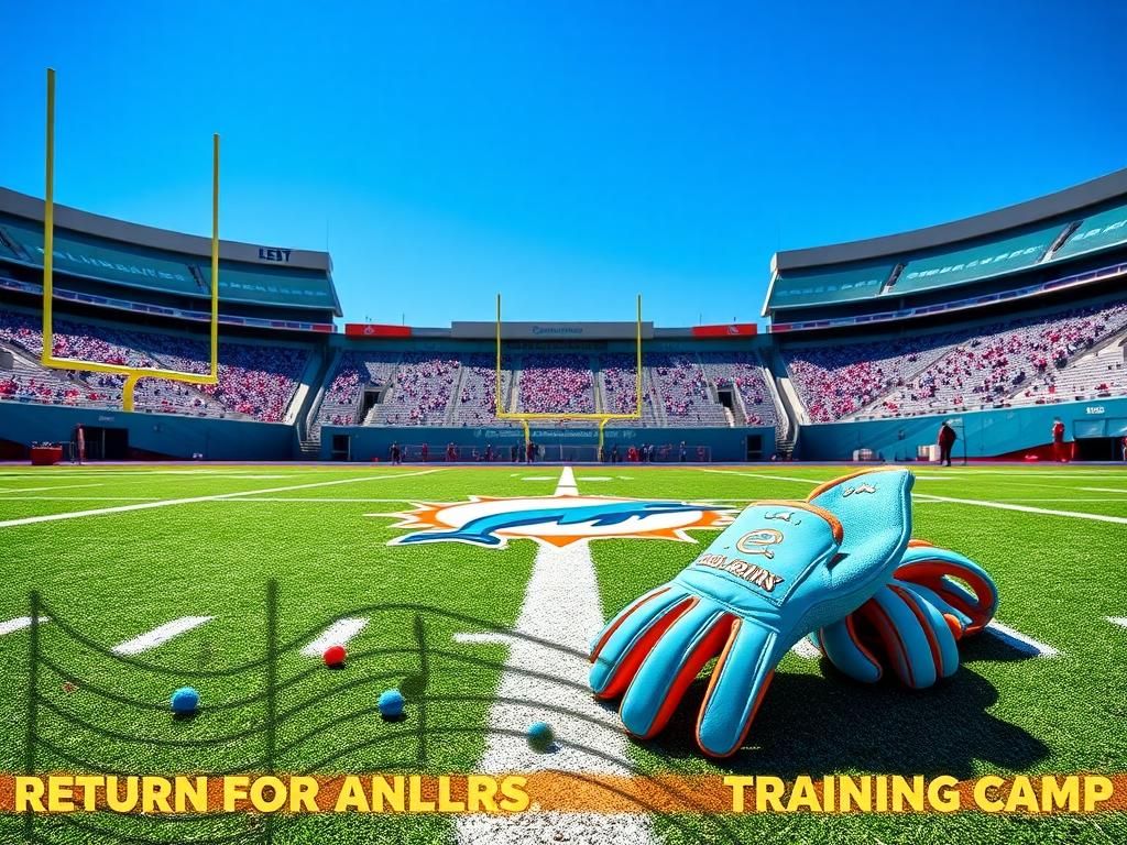 Flick International A vibrant football field showcasing the Dolphins logo with goalposts under a clear blue sky