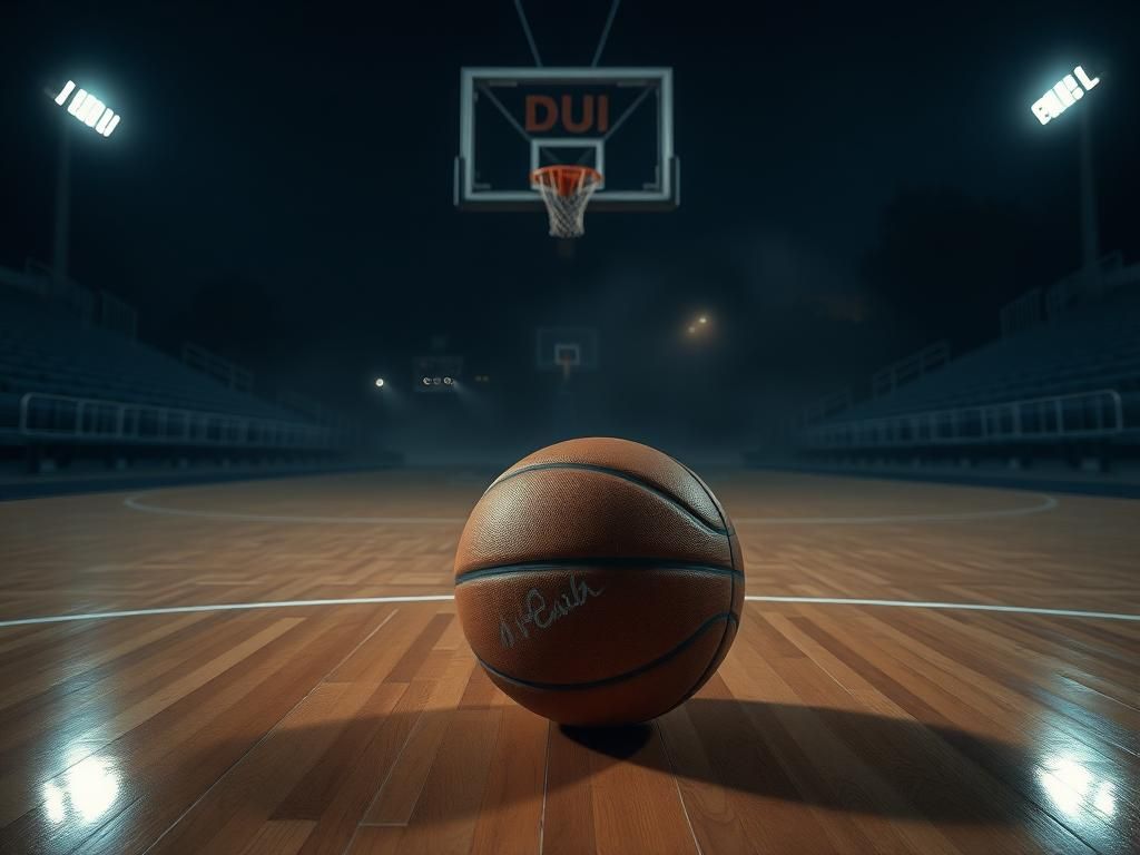 Flick International Nighttime scene of an empty basketball court with a vintage Auburn basketball on the floor