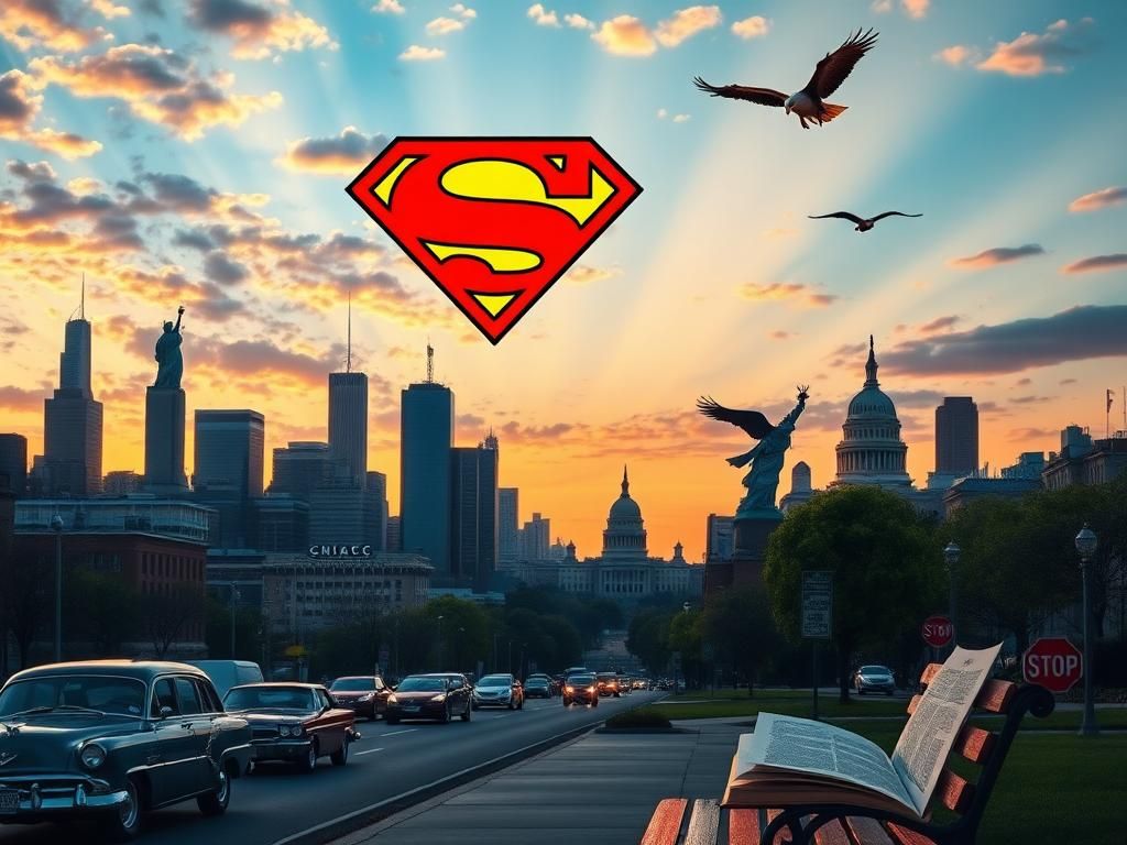 Flick International A vibrant city skyline at dusk featuring a Superman emblem above American landmarks