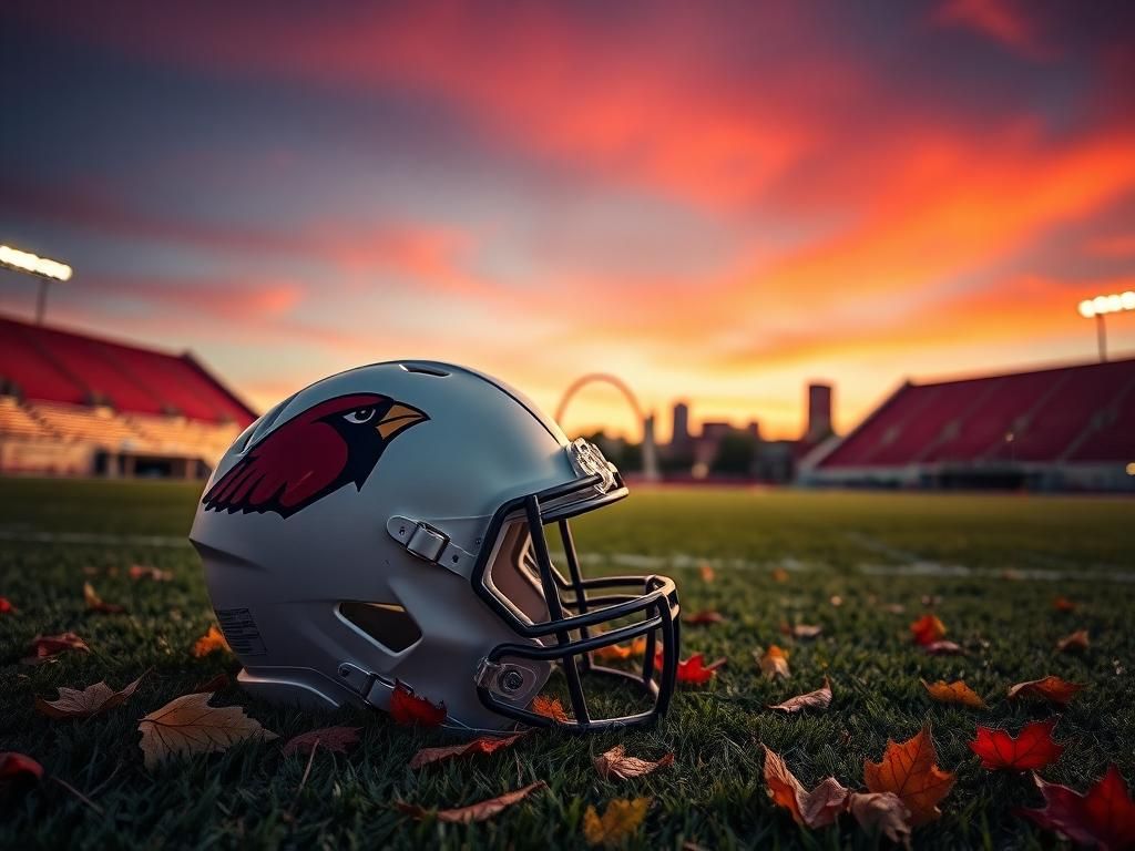 Flick International A reflective image of an empty football stadium at twilight with a helmet on the grass