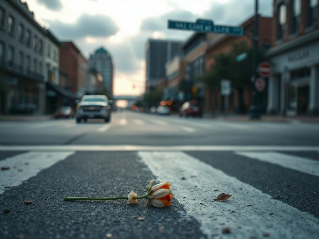 Flick International A wilted flower laying on the crosswalk in downtown Nashville symbolizing grief after a tragic accident