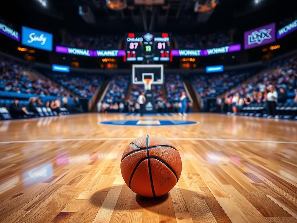 Flick International Intense basketball scene from a WNBA game featuring the Chicago Sky and Minnesota Lynx