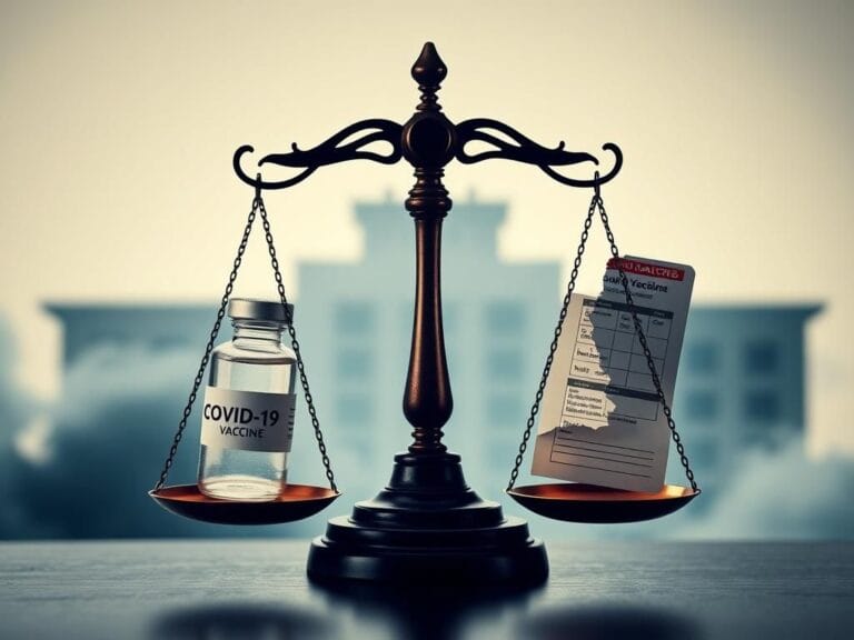 Flick International A stylized scale of justice balancing a vial labeled 'COVID-19 Vaccine' and a torn vaccination record card