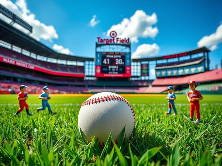 Flick International Baseball resting on lush green grass in front of home plate at Target Field, with bobbleheads and stadium in the background