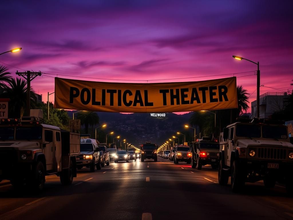 Flick International Dramatic urban landscape of Los Angeles at dusk with military vehicles