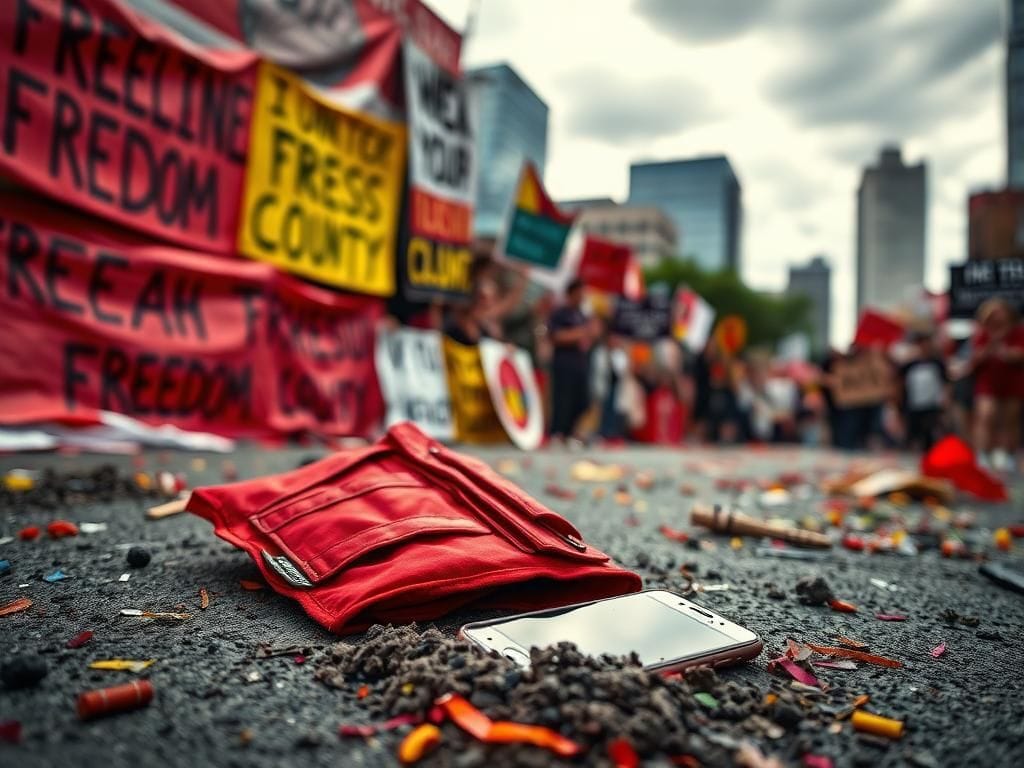 Flick International Protest scene in DeKalb County, Georgia, with vibrant banners and a red press vest on the ground.