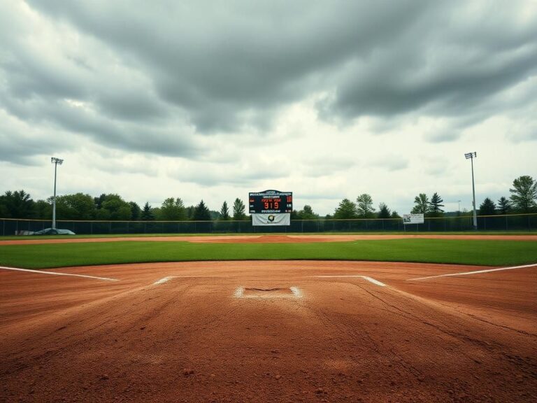 Flick International A dramatic view of an empty pitcher's mound on a Minnesota softball field under a cloudy sky