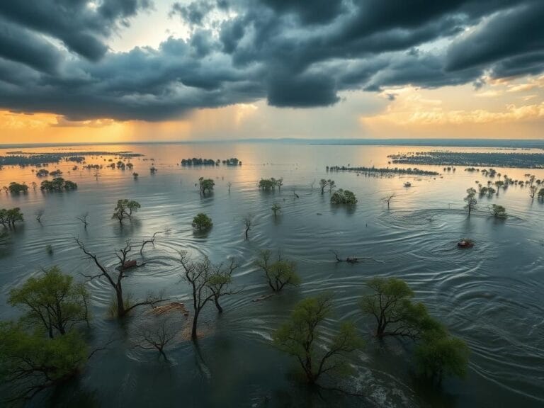 Flick International Aerial view of a flooded Texas landscape with swirling waters and stormy skies