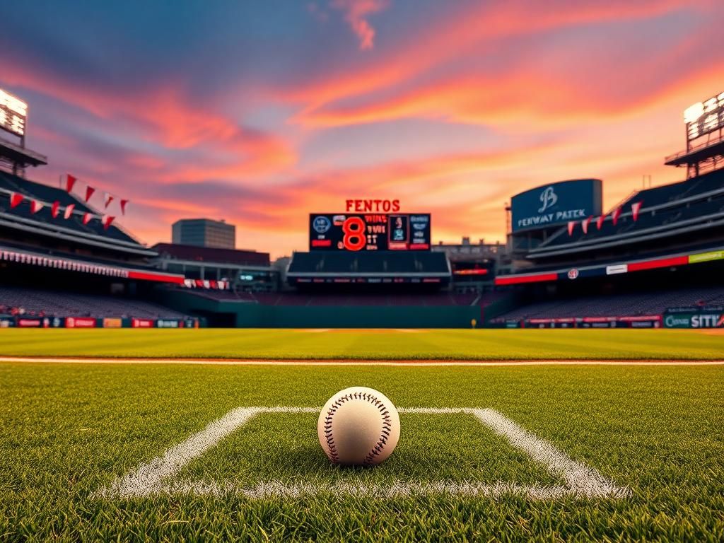 Flick International Baseball field at dusk with Fenway Park in the background and a baseball on home plate