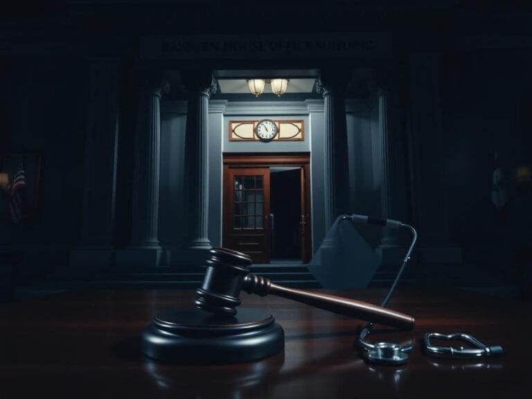 Flick International Dark, solemn depiction of the Rayburn House Office Building's entrance with a large gavel symbolizing authority