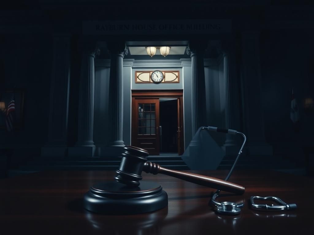 Flick International Dark, solemn depiction of the Rayburn House Office Building's entrance with a large gavel symbolizing authority