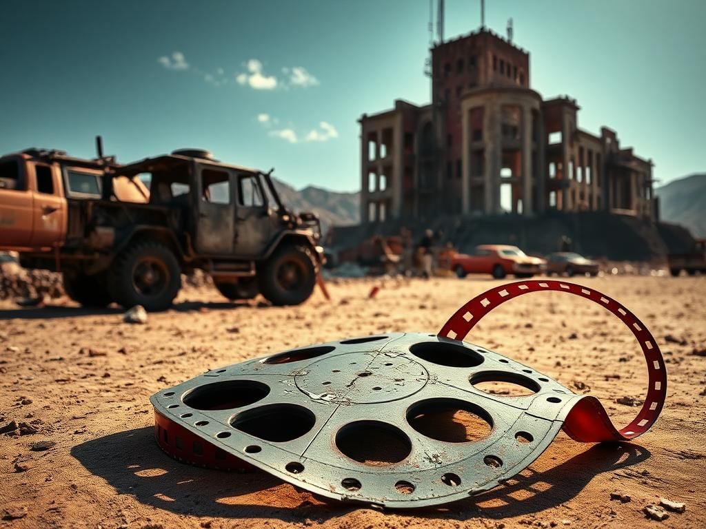 Flick International A deserted film set featuring a cracked film reel and abandoned props symbolizing the neglect of female-led action films